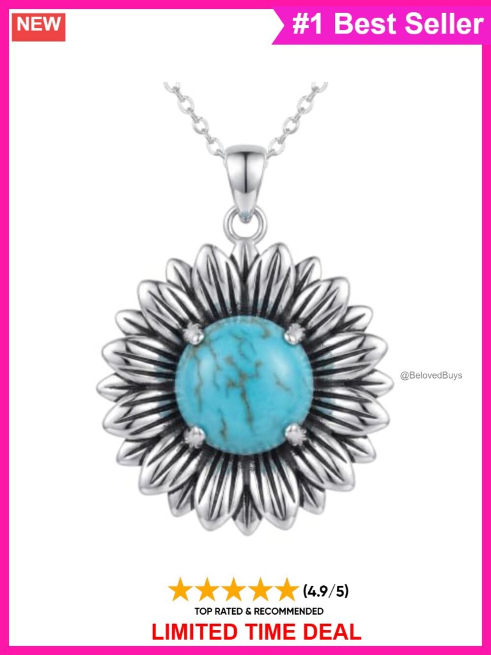 Genuine Turquoise Sunflower Pendant Necklace 925 Sterling Silver Adjustable